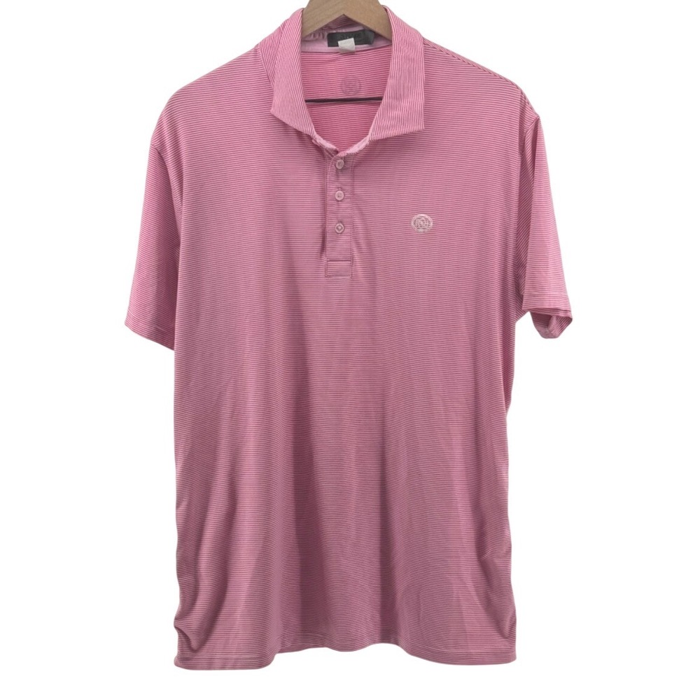 G/FORE Polo Shirt Mens Large Pink White Striped Golf Performance Short Sleeve‎
